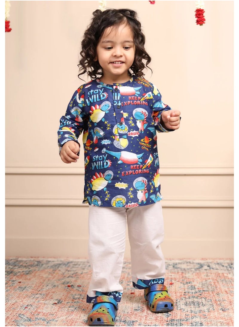 Polka Tots Polka Tots Full Sleeves Night Wear Space Kurta Pyjama - Blue  - Image 2