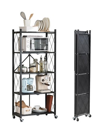 Foldable Storage Shelves on Wheels, 5 Tier Shelves for Storage, Large Capacity Metal Shelving Units, No Assembly Storage Rack for Garage, Kitchen, Basement, Kitchen Shelf Organizer
