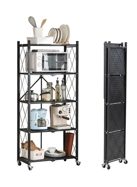 Foldable Storage Shelves on Wheels, 5 Tier Shelves for Storage, Large Capacity Metal Shelving Units, No Assembly Storage Rack for Garage, Kitchen, Basement, Kitchen Shelf Organizer