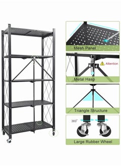 Chulovs Foldable Storage Shelves on Wheels, 5 Tier Shelves for Storage, Large Capacity Metal Shelving Units, No Assembly Storage Rack for Garage, Kitchen, Basement, Kitchen Shelf Organizer  - Image 5