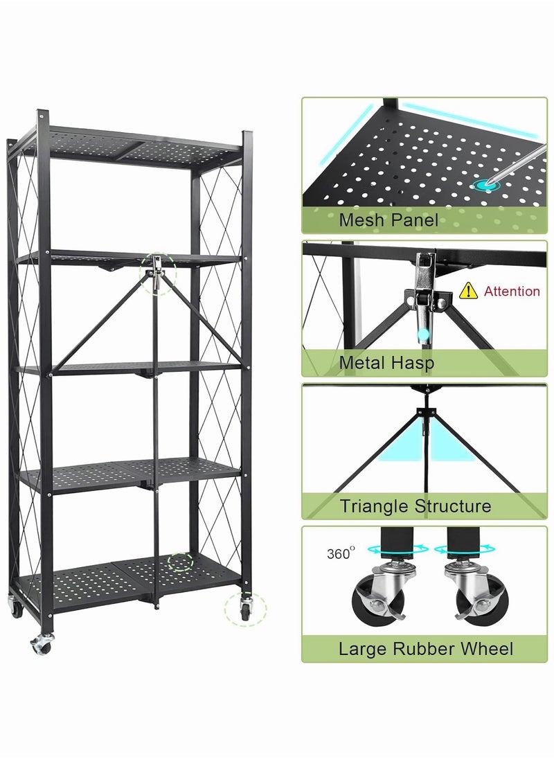 Chulovs Foldable Storage Shelves on Wheels, 5 Tier Shelves for Storage, Large Capacity Metal Shelving Units, No Assembly Storage Rack for Garage, Kitchen, Basement, Kitchen Shelf Organizer  - Image 5