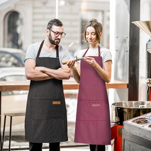 BeLuyi 2 Pack Adjustable Bib Apron with 2 Pockets Chef Cooking Kitchen Restaurant Aprons for Women Men (Wine/Black Pinstripes) - Image 5