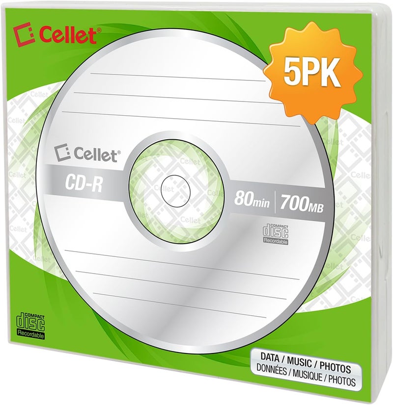 cellet CD-R 5-Pack – 700MB 80-Minute Blank Discs, 52X Speed for Data, Music, and Photo Recording - Image 1