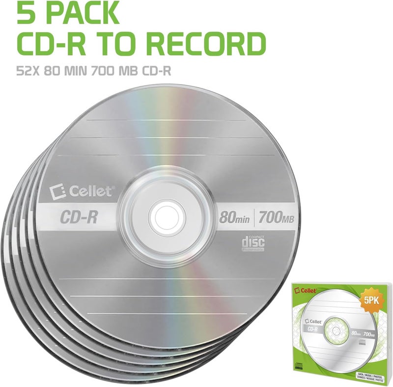 cellet CD-R 5-Pack – 700MB 80-Minute Blank Discs, 52X Speed for Data, Music, and Photo Recording - Image 2
