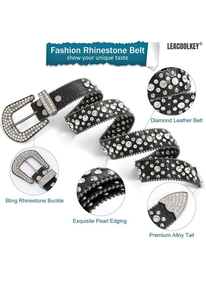 LEACOOLKEY - Fashion Rhinestone Belt For Women For Jeans Western Cowgirl Studded Leather Belt Ladies Bling Rhinestone Belt Bling Rhinestone Belt For Women Cowgirl - Image 1