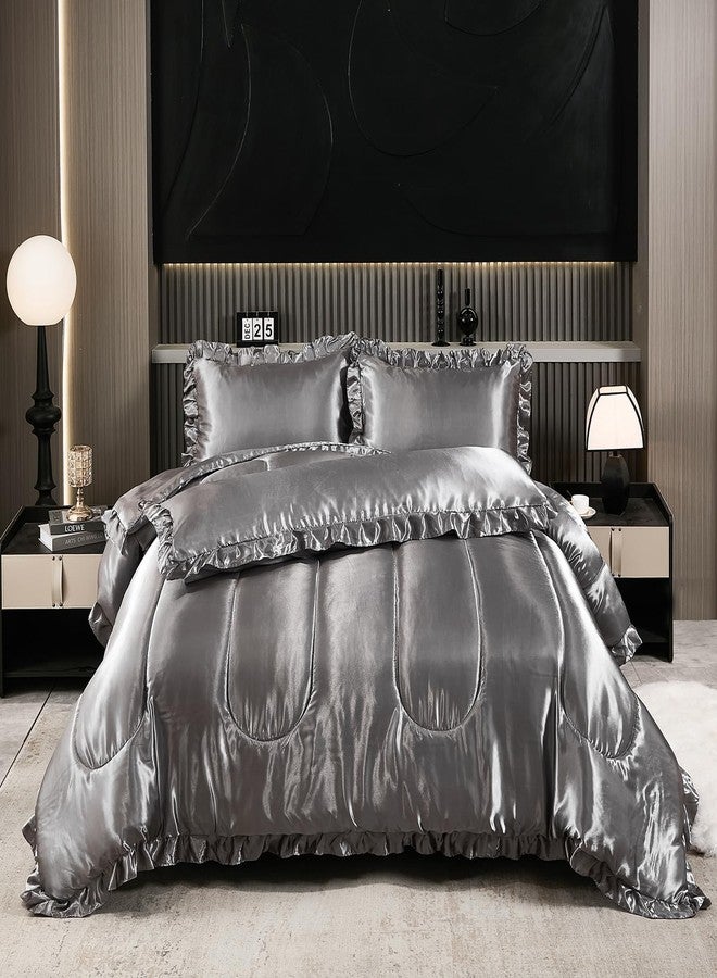 Bedding_Dreamer طقم لحاف كوين ساتان مثل الحرير 4 قطع طقم سرير فندقي ناعم من البوليستر رمادي طقم سرير فاخر غطاء وسادة جسم حريري مزخرف لحاف ناعم ديكور منزلي - Image 2