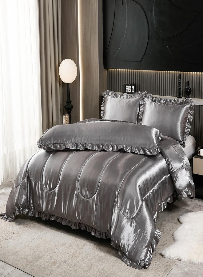 Bedding_Dreamer طقم لحاف كوين ساتان مثل الحرير 4 قطع طقم سرير فندقي ناعم من البوليستر رمادي طقم سرير فاخر غطاء وسادة جسم حريري مزخرف لحاف ناعم ديكور منزلي - Image 3