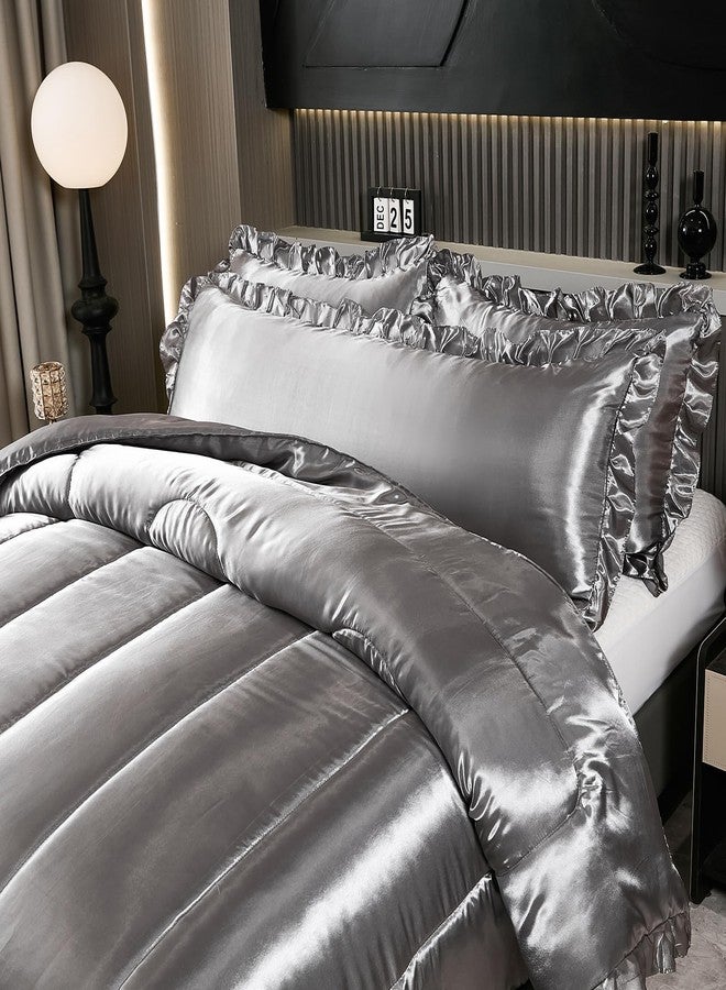 Bedding_Dreamer طقم لحاف كوين ساتان مثل الحرير 4 قطع طقم سرير فندقي ناعم من البوليستر رمادي طقم سرير فاخر غطاء وسادة جسم حريري مزخرف لحاف ناعم ديكور منزلي - Image 5