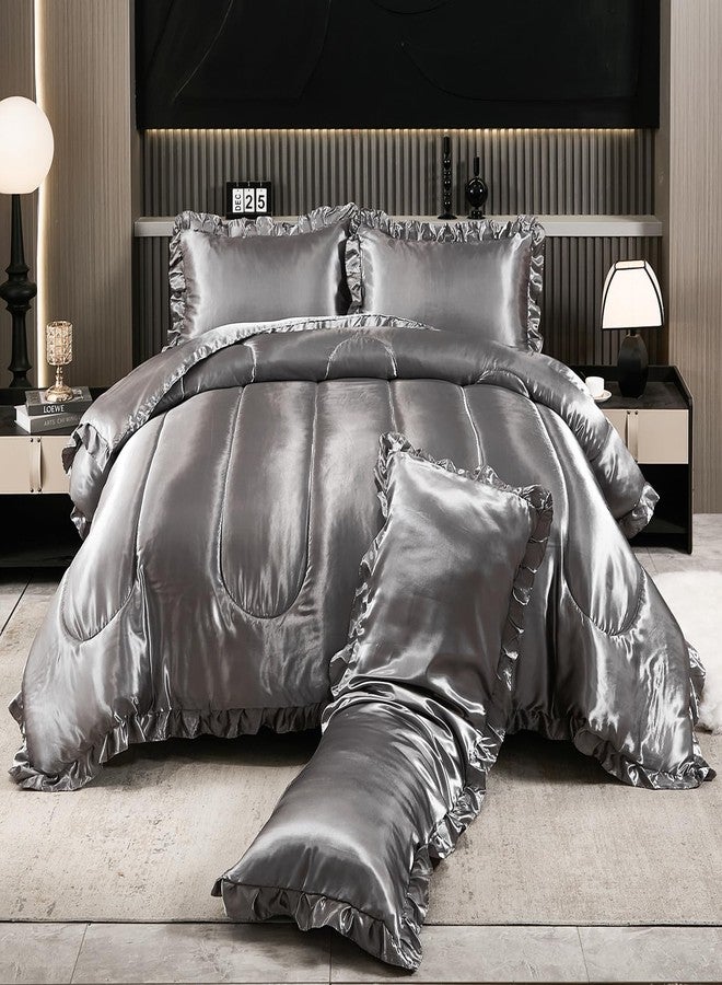Bedding_Dreamer طقم لحاف كوين ساتان مثل الحرير 4 قطع طقم سرير فندقي ناعم من البوليستر رمادي طقم سرير فاخر غطاء وسادة جسم حريري مزخرف لحاف ناعم ديكور منزلي - Image 1