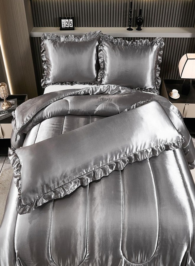 Bedding_Dreamer طقم لحاف كوين ساتان مثل الحرير 4 قطع طقم سرير فندقي ناعم من البوليستر رمادي طقم سرير فاخر غطاء وسادة جسم حريري مزخرف لحاف ناعم ديكور منزلي - Image 4