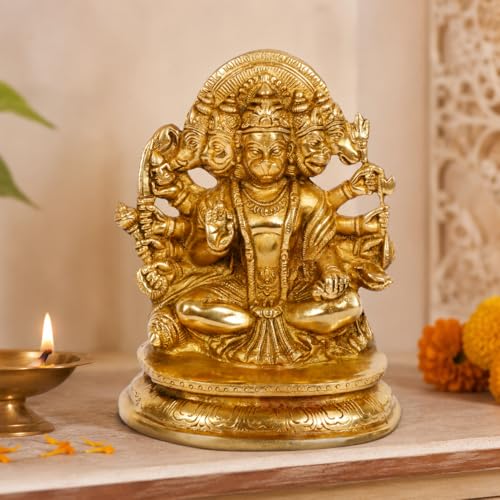Kartique Brass God Bajrangbali Sankat Mochan Panchmukhi Hanuman Idol Statue Murti for Home Office Entrance Decor Temple Mandir Pooja Puja Gold 7 Inches - Image 1