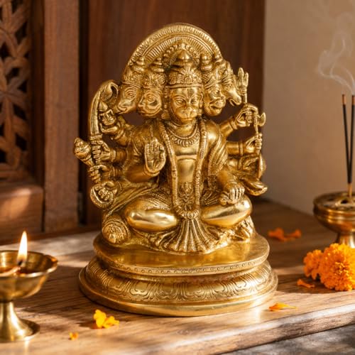 Kartique Brass God Bajrangbali Sankat Mochan Panchmukhi Hanuman Idol Statue Murti for Home Office Entrance Decor Temple Mandir Pooja Puja Gold 7 Inches - Image 3