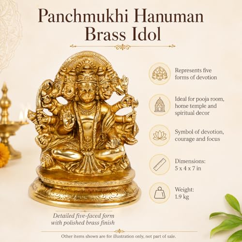 Kartique Brass God Bajrangbali Sankat Mochan Panchmukhi Hanuman Idol Statue Murti for Home Office Entrance Decor Temple Mandir Pooja Puja Gold 7 Inches - Image 2