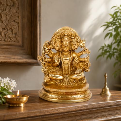 Kartique Brass God Bajrangbali Sankat Mochan Panchmukhi Hanuman Idol Statue Murti for Home Office Entrance Decor Temple Mandir Pooja Puja Gold 7 Inches - Image 4