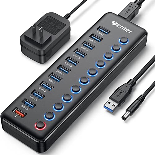 Wenter Powered USB Hub, Wenter 11-Port USB Splitter Hub (10 Faster Data Transfer Ports+ 1 Smart Charging Port) with Individual LED On/Off Switches, USB Hub 3.0 Powered with Power Adapter for Mac, PC - Image 1