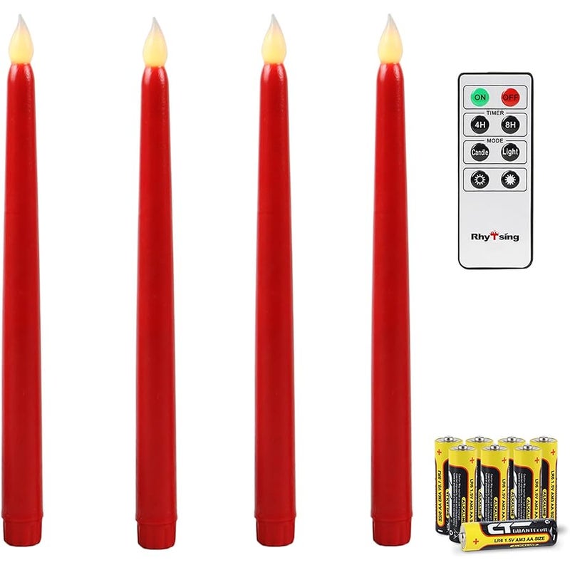 Rhytsing Red 10.8 Flameless Taper Candles with Timer, Battery Operated Candles with Remote, Smooth Wax Finish, Warm White LED, 8 Batteries Included - Set of 4 - Image 1