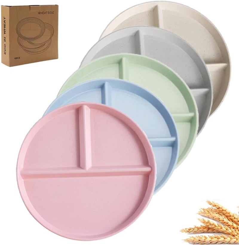 PUPOPIK 9 Unbreakable Divided Plates Set of 5 Wheat Straw Plate Reusable Dinnerware Portion Control Plates Round Bariatric Plastic Plate for Kids Adults BPAfree Dishwasher Safe - Image 1