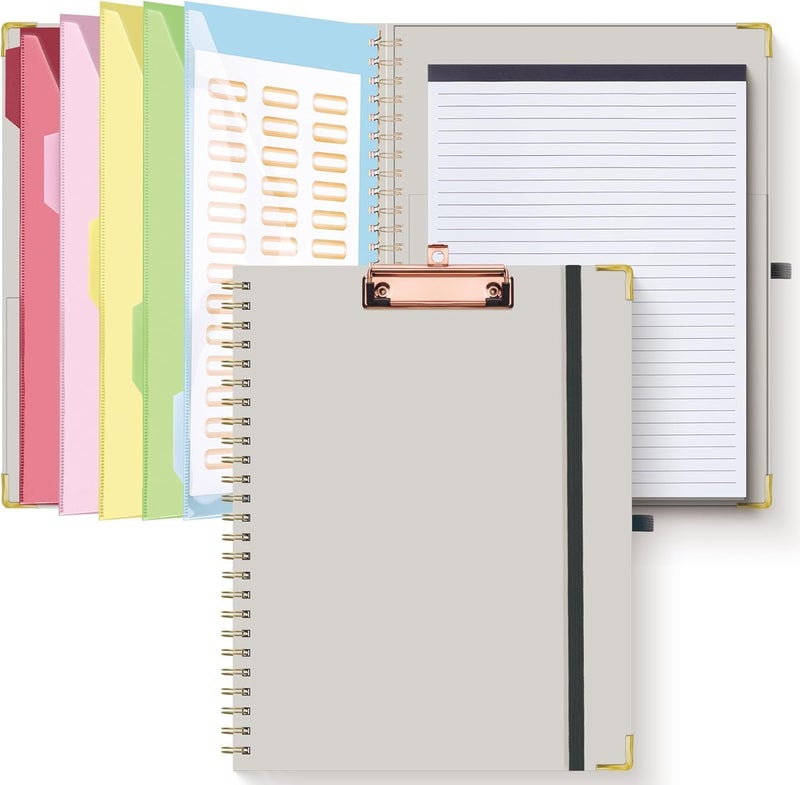 Hautoco Clipboard Folio with Refillable Lined Notepad for Letter Size (11" x 8.5"), 5 Dividers with 10 Pockets, Elastic Pen Holder and File Folder Labels, Spiral Nurse Clipboard Artboard(Gray) - Image 1