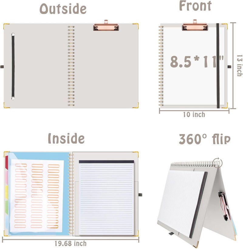 Hautoco Clipboard Folio with Refillable Lined Notepad for Letter Size (11" x 8.5"), 5 Dividers with 10 Pockets, Elastic Pen Holder and File Folder Labels, Spiral Nurse Clipboard Artboard(Gray) - Image 2