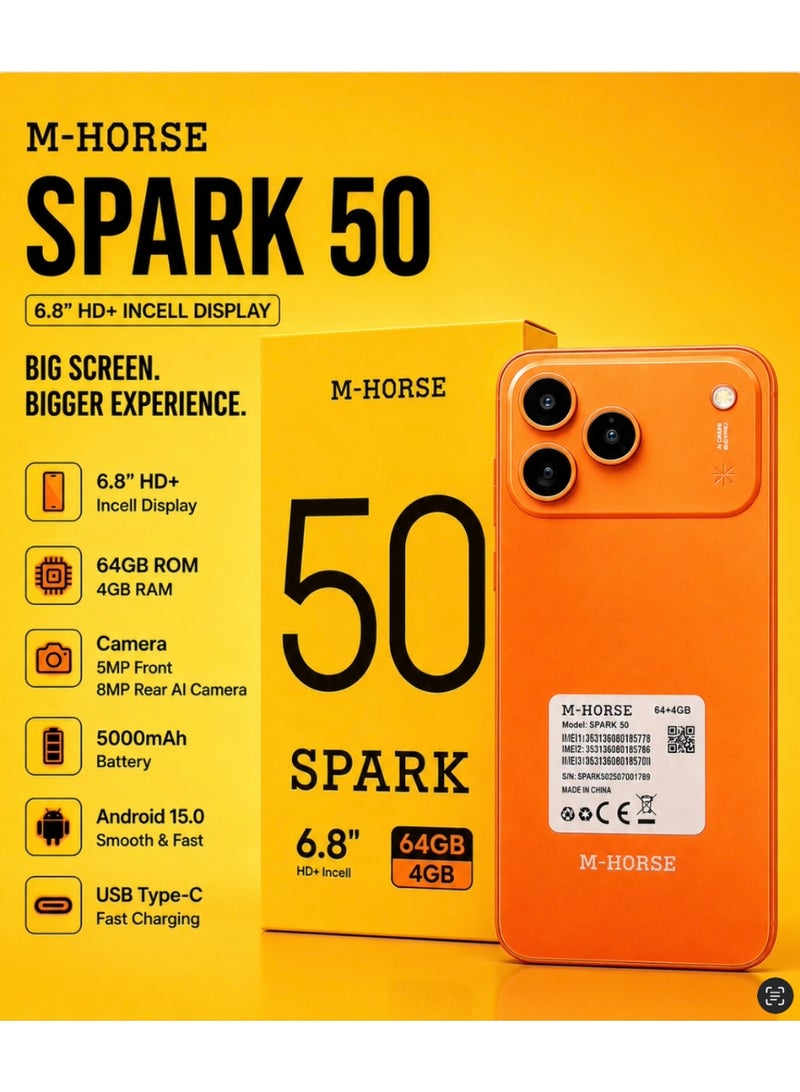 إم-هورس هاتف M-HORSE Spark 50 الذكي (شاشة 6.8 بوصة، ذاكرة وصول عشوائي 4 جيجابايت، سعة تخزين 64 جيجابايت) - Image 1