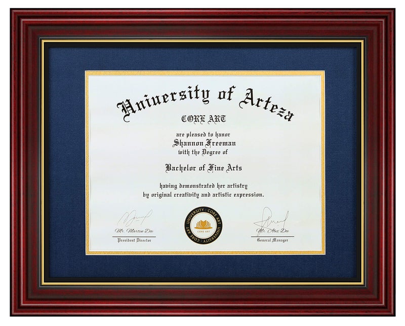CORE ART 11x14 Diploma Frame Display Certificates 85 x 11 with Navy Mat or Documents 11 x 14 without Mat College Degree Wooden Frame with Tempered Glass for Wall and Tabletop DisplayCherry Red