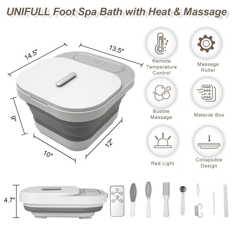 UNIFULL حمام القدم القابل للطي UNIFULL مع تسخين ولفائف تدليك، فقاعات، مجموعة باديكير، تحكم في درجة الحرارة، ضوء أحمر، حمام باديكير، حمام القدم - Image 2