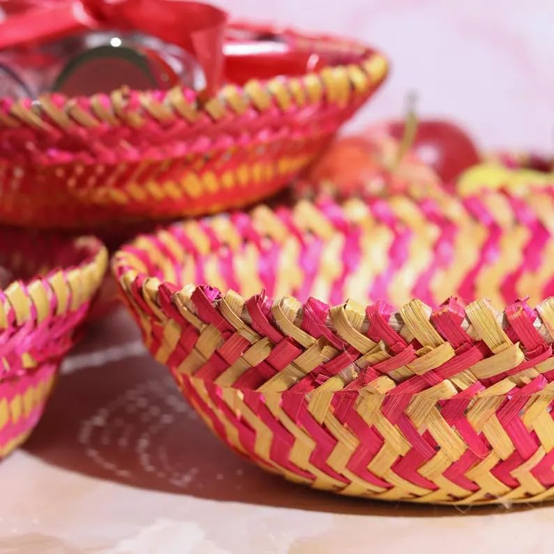 SCISSORS CRAFT Gift Hamper Bamboo Basket Set 9 Handwoven Round Tray for Boho Farmhouse Decor 5 - Image 2