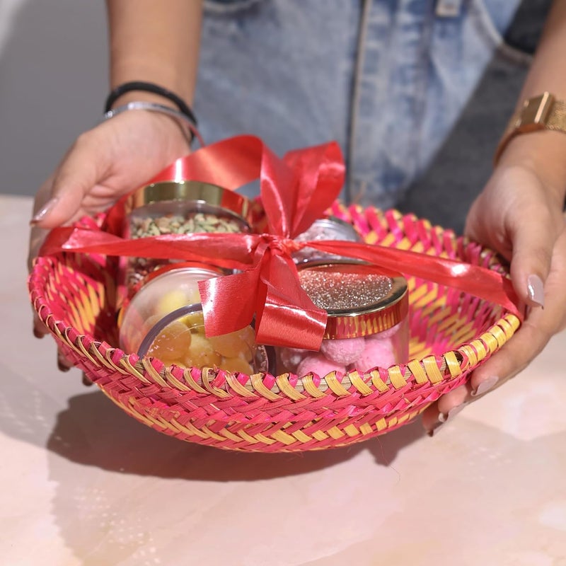 SCISSORS CRAFT Gift Hamper Bamboo Basket Set 9 Handwoven Round Tray for Boho Farmhouse Decor 5 - Image 3
