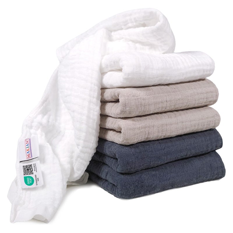 Baby Amabc MAKIAN Muslin Nappies Pack of 6, 80 x 80 cm, Oeko-Tex® Standard 100 Tested, 6 Premium Quality Burp Cloths - Double Woven Cloth Nappies / Muslin Cloths - Graphite/Greige/White - Image 1