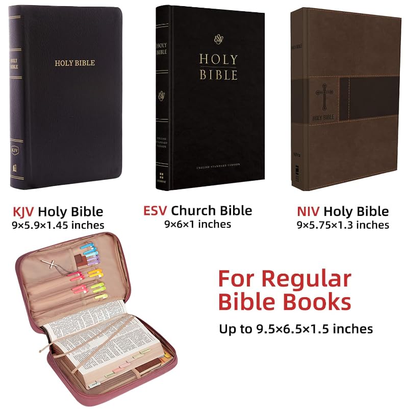 FINDCOZY Bible Cover for Women, Durable Carrying Book Case Church Bag for Biblical Accessories with Handle and Zippered Pocket, for Scriptures, Rosewood Pink - Image 2
