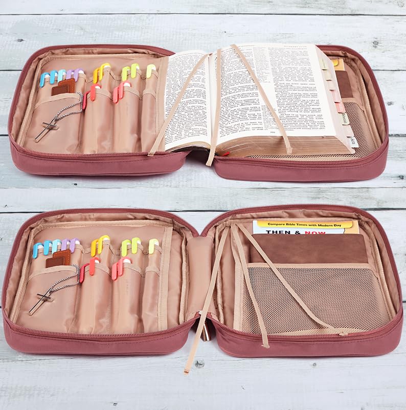 FINDCOZY Bible Cover for Women, Durable Carrying Book Case Church Bag for Biblical Accessories with Handle and Zippered Pocket, for Scriptures, Rosewood Pink - Image 3