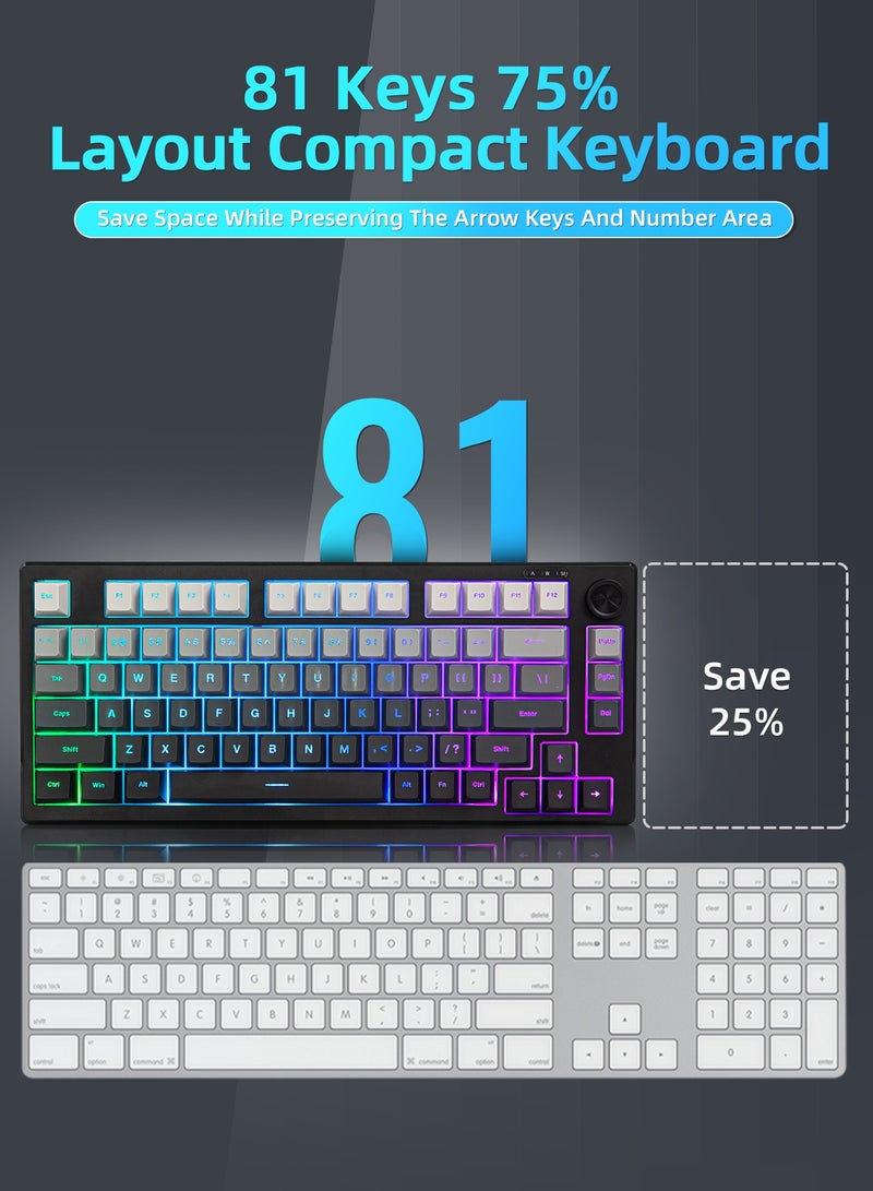 UCHUANG IP75 Big Gaming Keyboard, 75% RGB Backlit Wired Keyboard Membrane Keyboard, Side Printed Waterproof 81 Keys Quite Keyboards with Number Pad Quick Response PBT Keycaps for Windows/MacOS/Android PC Gamers - White and Black - Image 3