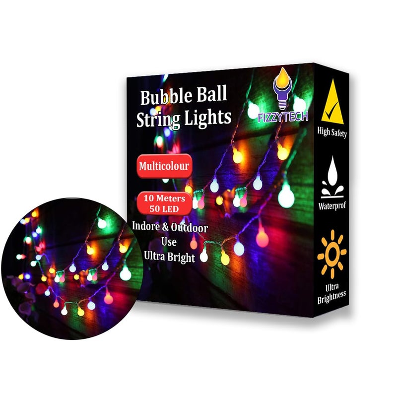 fizzytech أضواء خيط كرات الفقاعات البلاستيكية لتزيين المنزل لأضواء ديوالي لحفلة عيد الميلاد عيد ديوالي نافراتري هدية عيد الحب إضاءة تزيين المنزل (50 LED 10 متر كرات متعددة) - Image 1