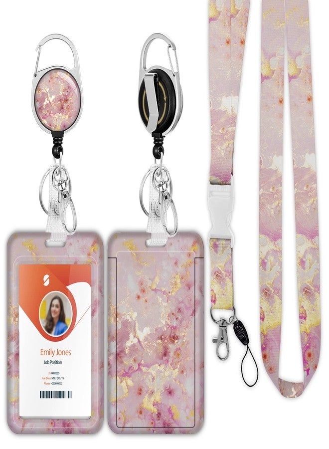 Boutilon ID Badge Holder with Lanyard,Retractable ID Badge Card Holders Detachable Neck Lanyard Strap with Badge Reel and Vertical ID Holder for Nurse Students Teachers Office Staff(Marble Golden Red) - Image 1