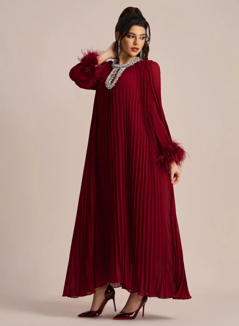 Sunfere Yvonne Diamante Feathered Pleated Maxi Chiffon Dress