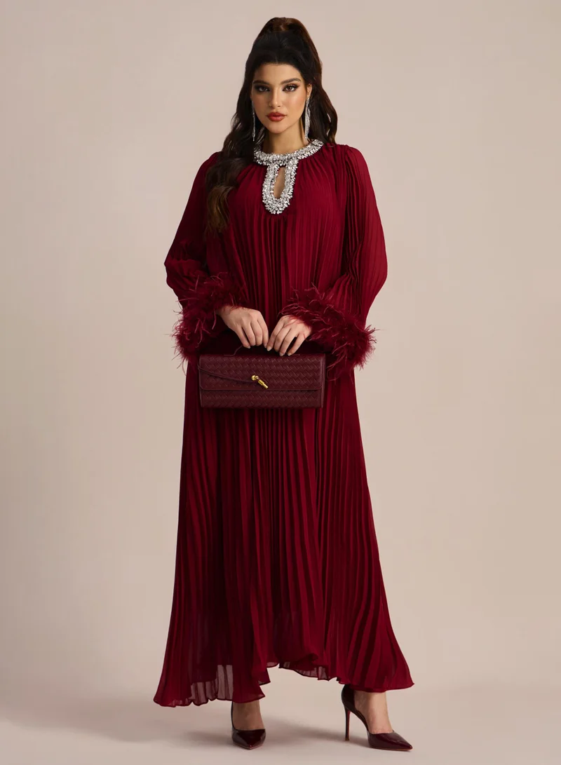 Sunfere Yvonne Diamante Feathered Pleated Maxi Chiffon Dress