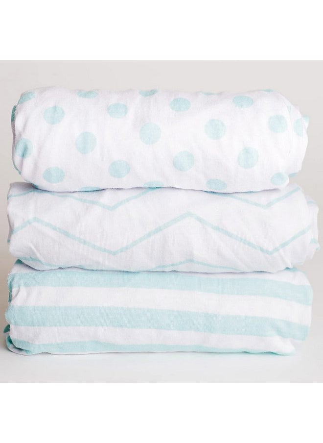 NODNAL Co. NODNAL CO. 3 Fitted Bassinet Sheets Mint Set Baby Girl/Boy - 100% Oeko-TEX Cotton - Gender Neutral Chevron Polka Dot Stripe Universal Fit - Cradle/Moses Basket Hourglass Oval Rectangle Mattress Sheet  - Image 1