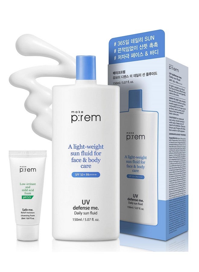 MAKEP:REM Makeprem Defense Me Daily Vegan Sun Fluid Nongreasy Calming Hydrating Spf 50+Pa++++ Sunblock Reefsafe Uv Broad Protection Sunscreen Blue Ray Sensitive Acneprone Oily Skin Face Body Korean Skincare - Image 1