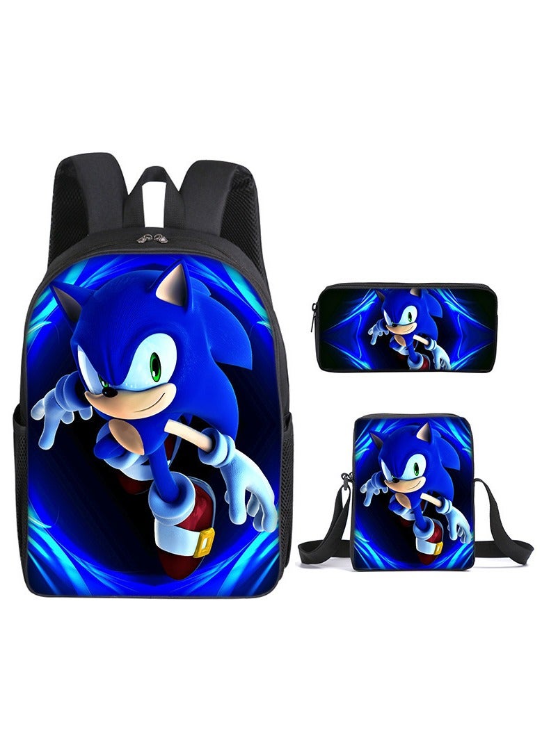 Sonic Primary School Backpack Cartoon Anime Backpack Messenger Bag Pencil Case Three-Piece Set 29*16*42cm