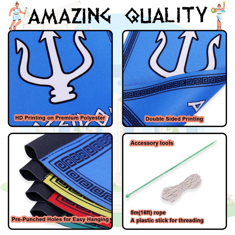 Htabiol Greek Gods Banners, 14pcs Percy Jackson Cabin Banners, Htabiol Greek Mythology Party Banner, Percy Jackson Cabin Flags, Fit for Percy Jackson Party, Percy Jackson Birthday Party (12"x7.3", Polyester) - Image 3