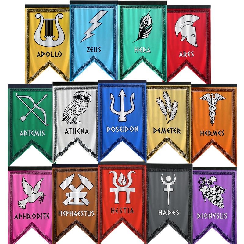 Htabiol Greek Gods Banners, 14pcs Percy Jackson Cabin Banners, Htabiol Greek Mythology Party Banner, Percy Jackson Cabin Flags, Fit for Percy Jackson Party, Percy Jackson Birthday Party (12"x7.3", Polyester) - Image 1