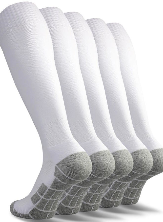 CWVLC Men's Soccer Softball Socks 5 Pairs, Baseball Sport, Football Team Athletic Socks, Knee High Long Tube Cotton Arch Ankle Compression Socks, White, X-Large - Image 1