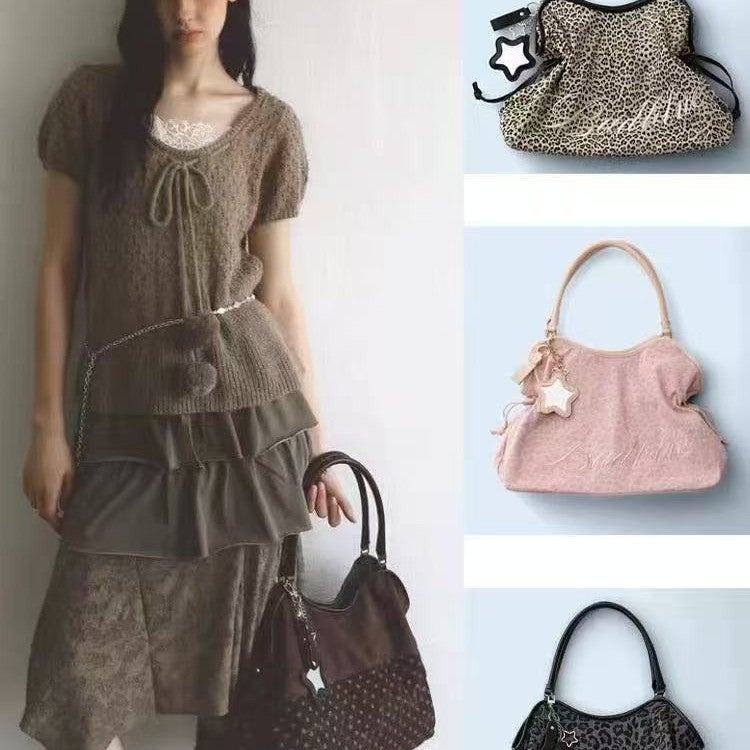 Badblue Embroidered Leopard Star Polka Dot Shoulder Tote Bag - Image 1