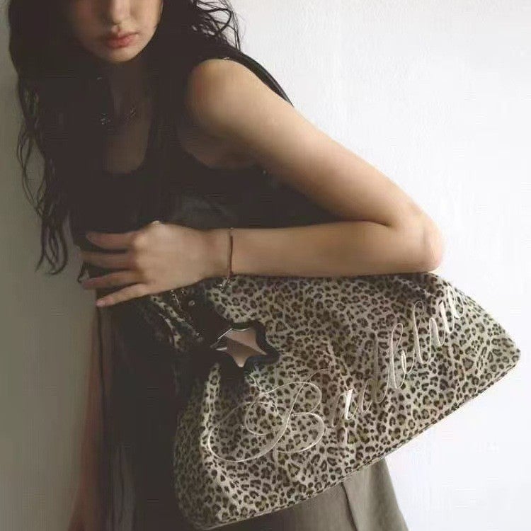 Badblue Embroidered Leopard Star Polka Dot Shoulder Tote Bag - Image 3