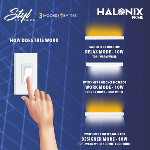 Halonix Polycarbonate 3 In 1 STYL 10 Watt Color Changing 2 Ft LED Batten Tubelight (Yellow Uplight Relax, White Downlight Work, Yellow Uplight With White Downlight In Designer Mode) - Image 3