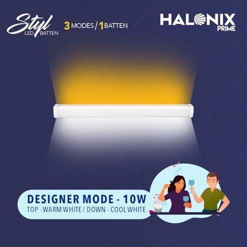 Halonix Polycarbonate 3 In 1 STYL 10 Watt Color Changing 2 Ft LED Batten Tubelight (Yellow Uplight Relax, White Downlight Work, Yellow Uplight With White Downlight In Designer Mode) - Image 2
