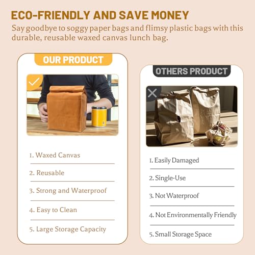 CZYY Waxed Canvas Lunch Bags Brown Paper Bag Styled - Classic Updated - Reusable and Washable, Worthbuy Lunch Box for Men & Women - Image 4