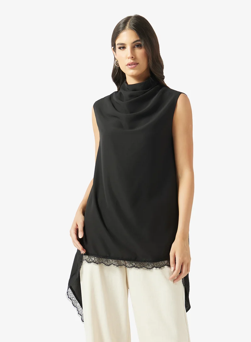 Draped Sleeveless Lace Hem Top