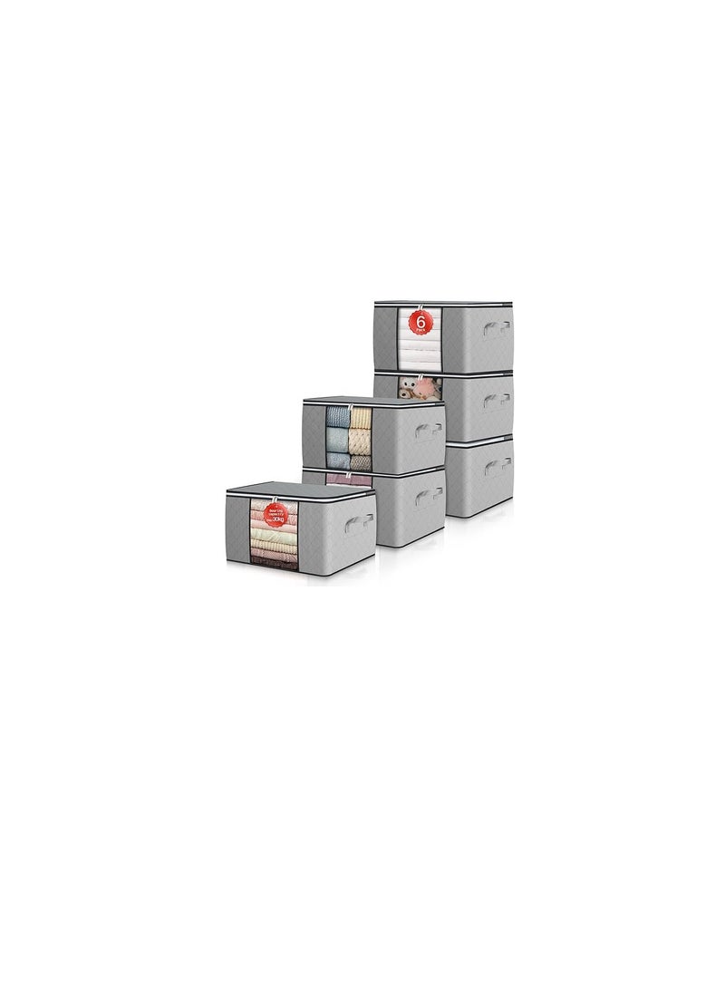 Premium 6-Pack Large Foldable Storage Bins - Heavy-Duty Linen Fabric Clothes Organizer - Durable High-Density Thick Fabric Storage Box for Blankets, Comforters & Seasonal Items with Zipper & Reinforced Handles (Sleek Modern Quilted Grey Profile, 6 Pack) - Manual Textile Preservation Sorting Convenience & Wardrobe Facility Asset Management Template