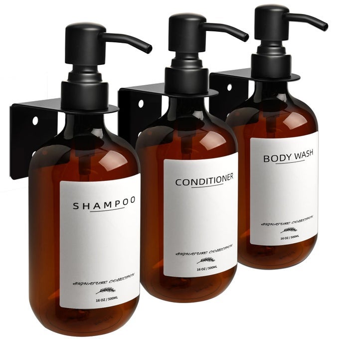 SHAMPOO DISPENSER FOR SHOWER WALL MOUNT NO DRILL SHAMPOO AND CONDITIONER DISPENSER WITH MATTE PUMP AND WATERPROOF LABELS SHOWER SOAP DISPENSER WALL MOUNTED FOR HOME BATHROOM AMBER